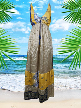 Womens Boho Beach Yellow Maxi Dress Deep V Handmade Dresses S/M