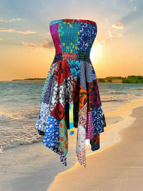 Women’s Summer Patchwork Dress Boho Patchwork Sundress S/M