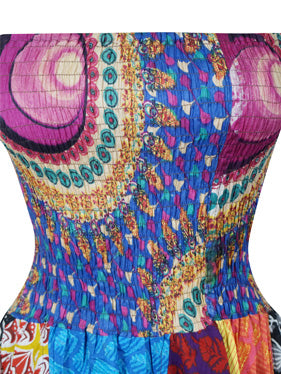 Womens Cotton Boho Strapless Dress, Colorful Hi low Skirt S/M