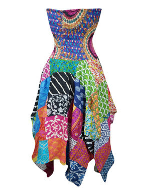 Womens Cotton Boho Strapless Dress, Colorful Hi low Skirt S/M