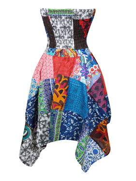 Womens Uneven Hem Boho Strapless Dress, Colorful Hi low Skirt S/M