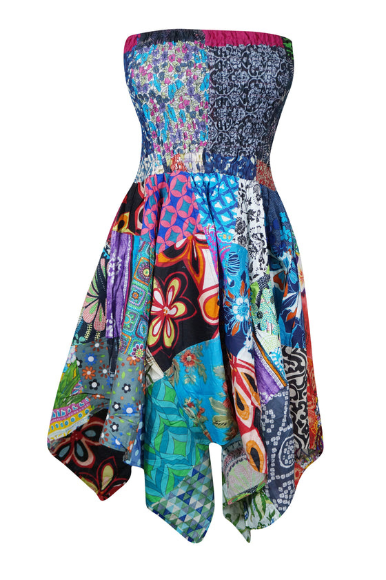 Women’s Boho Patchwork Sundress, Blue Summer Patchwork Skirt 