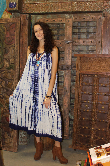 Women Tank Dress, Blue White Tie-Dye Strap Dresses Beach Bohemian Midi Dress XS/S