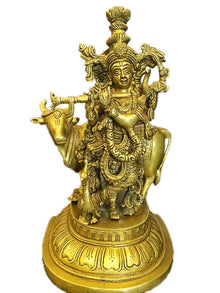  Carved Brass Statue Indian Krishna Statue Playing Flute with Cow Idol