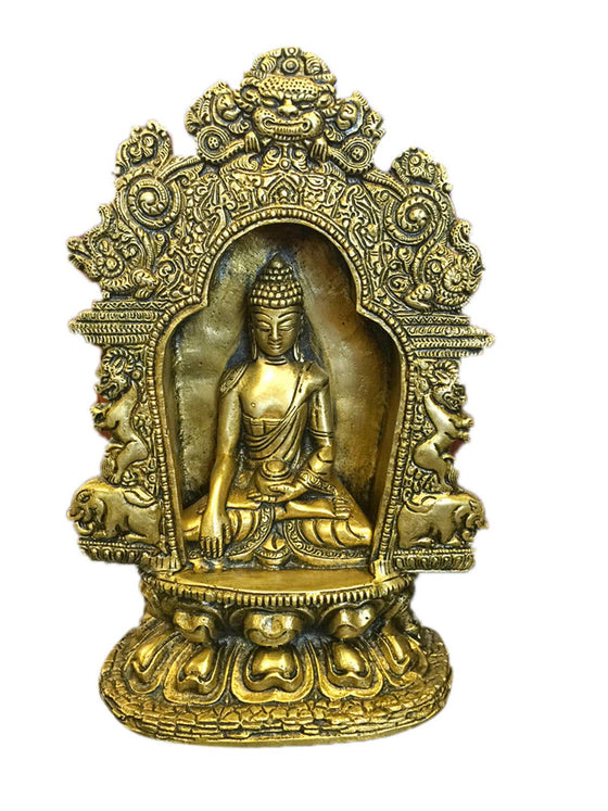Meditating Buddha Temple Sculpture Yali Lion Arch Frame Brass Statue
