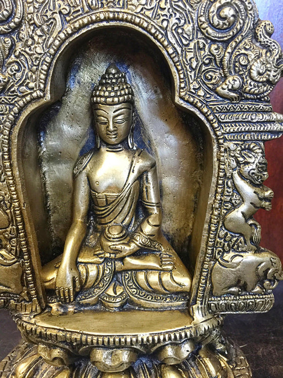 Meditating Buddha Temple Sculpture Yali Lion Arch Frame Brass Statue