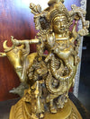 Carved Brass Statue Indian Krishna Statue Playing Flute with Cow Idol