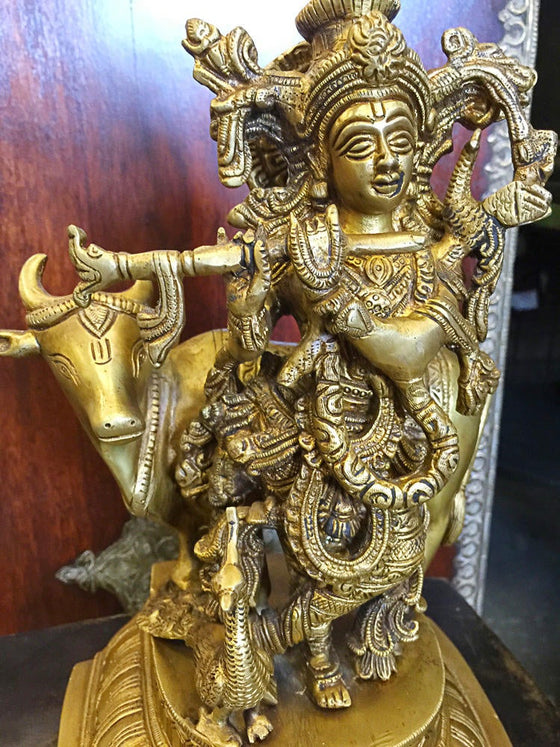 Carved Brass Statue Indian Krishna Statue Playing Flute with Cow Idol
