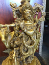 Carved Brass Statue Indian Krishna Statue Playing Flute with Cow Idol