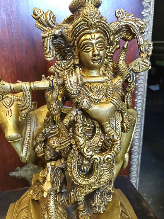 Carved Brass Statue Indian Krishna Statue Playing Flute with Cow Idol