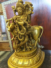 Carved Brass Statue Indian Krishna Statue Playing Flute with Cow Idol