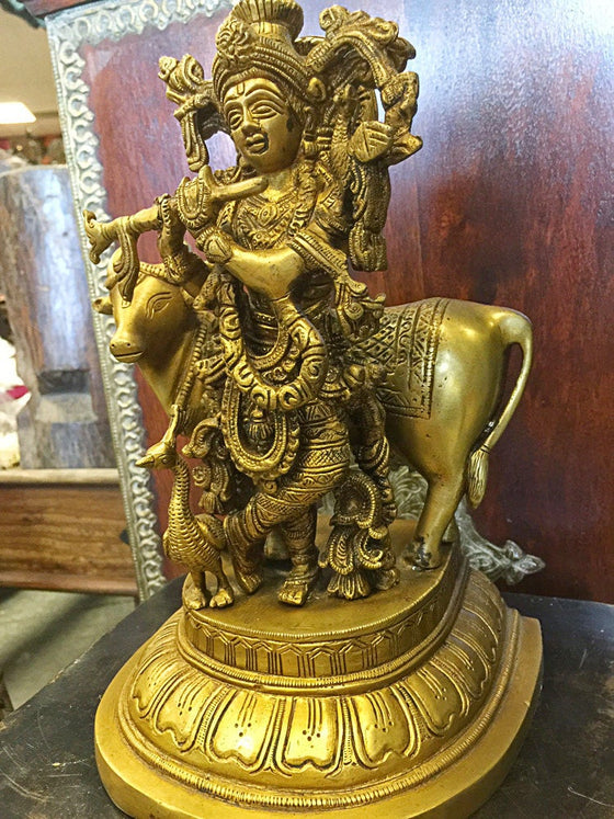 Carved Brass Statue Indian Krishna Statue Playing Flute with Cow Idol