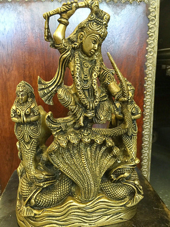 Krishna Dancing On Serpent Kaliya Brass Sculpture