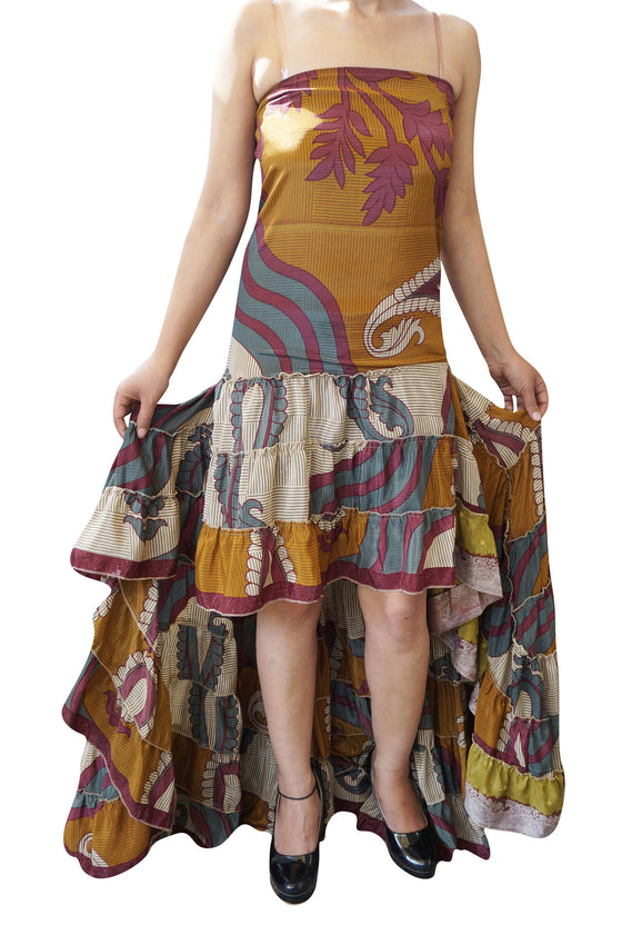 BOHO GIRL Swirling Hi Low Dress Recycled Sari Autumn M/L