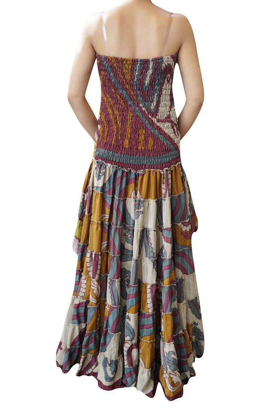 BOHO GIRL Swirling Hi Low Dress Recycled Sari Autumn M/L