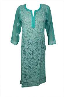  Tunic Dress, hand embroidered GREEN Georgette Long Tunic XS