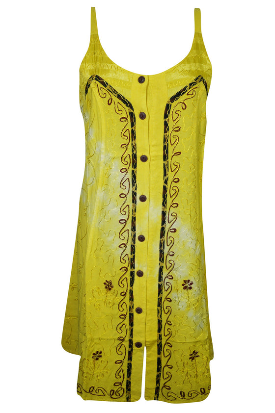 BOHO Summer DRess, Yellow Button Front Strap Dress, Embroidered S/M