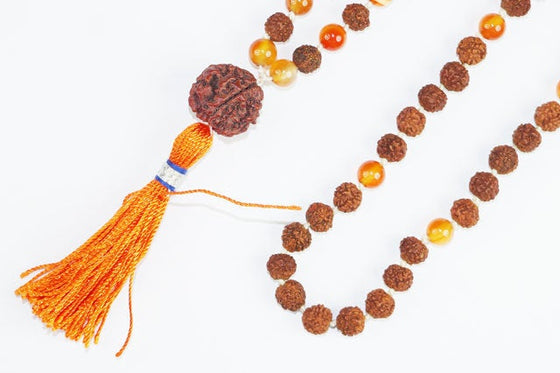 Yoga Mala Prayer Beads Japamala 108+1 Rudraksha Carnelian Yoga Happiness