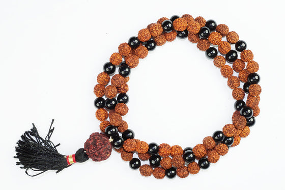 Mindfulness Yoga Mala Beads Shiva Rudraksha Black Agate Gemstone Mala