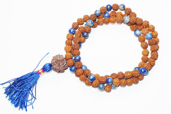 Throat Chakra Necklace, Prayer Mala Beads, Meditation, Rudraksha Lapis
