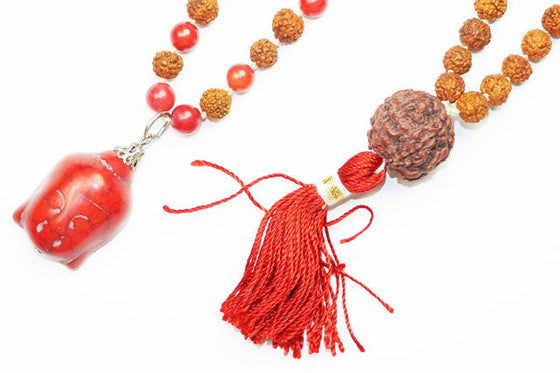 Yoga Mala Buddhist Knotted 108 Coral Rudraksha Japamala Mala