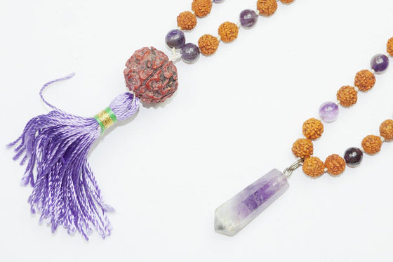 Mindful Amethyst Mala, Necklaces Yoga Mala Beads Shiva Rudraksha