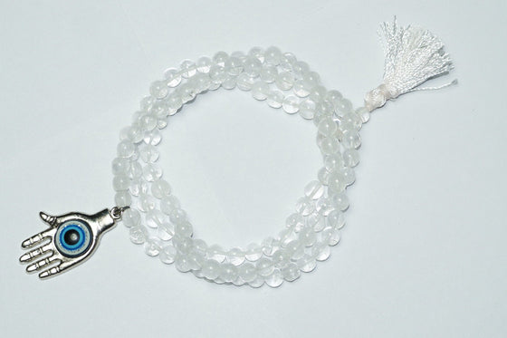Yoga Mala Beads Himalayan Quartz Crystal Evil Eye Hamsa