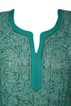 Tunic Dress, hand embroidered GREEN Georgette Long Tunic XS