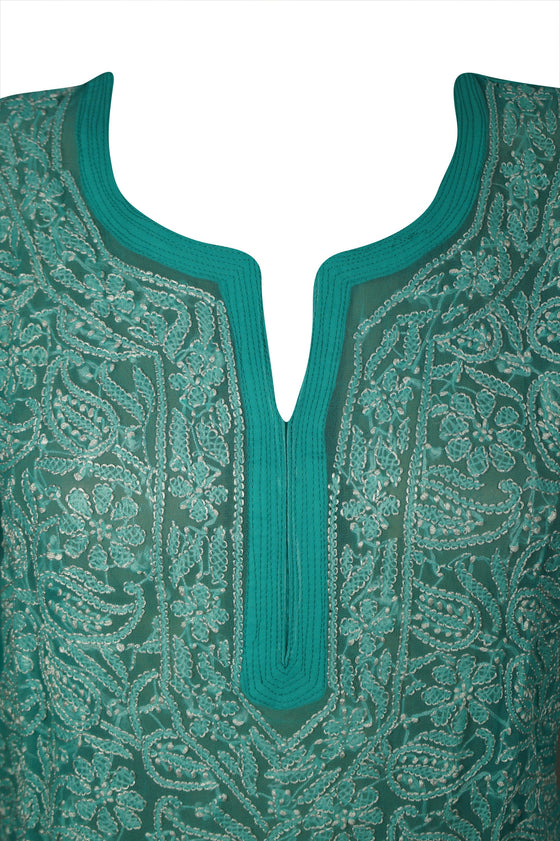 Tunic Dress, hand embroidered Green Georgette Long Tunic XS