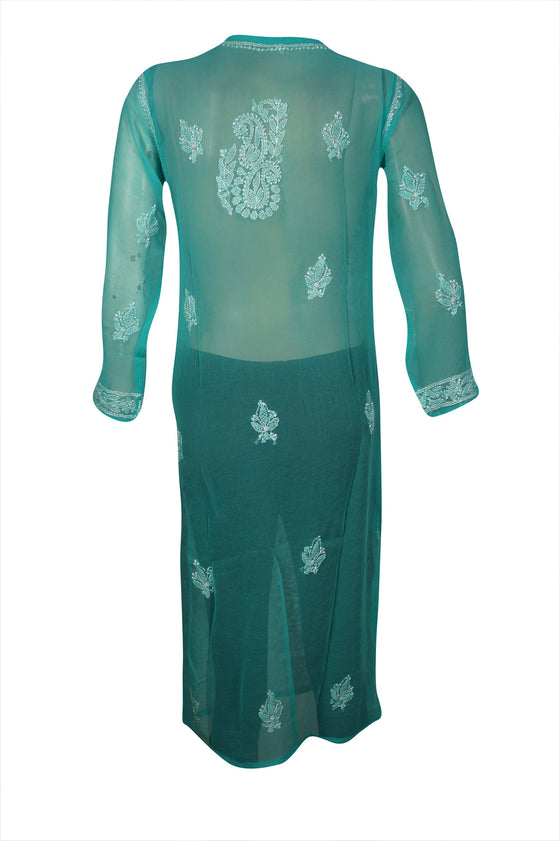 Tunic Dress, hand embroidered GREEN Georgette Long Tunic XS