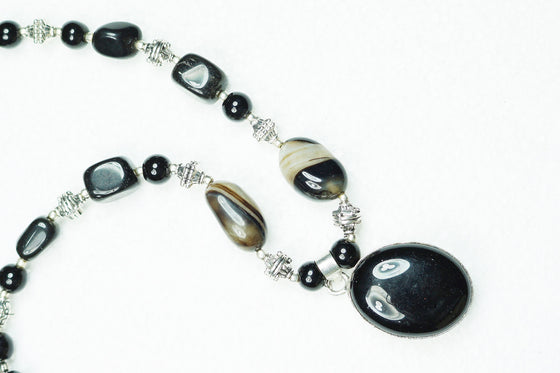 Artisan Statement Black Agate Pendent Necklace Twisted Beads Stones