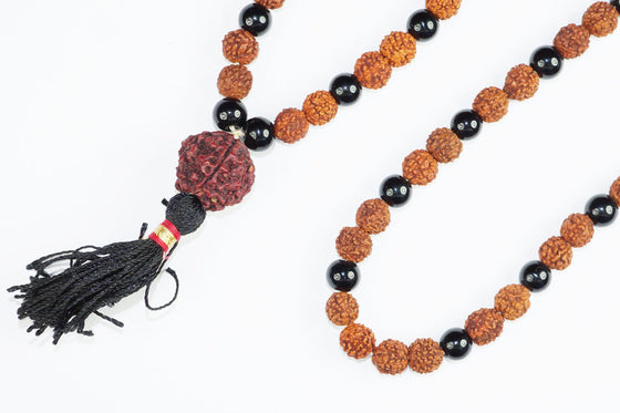 Mindfulness Yoga Mala Beads Shiva Rudraksha Black Agate Gemstone Mala