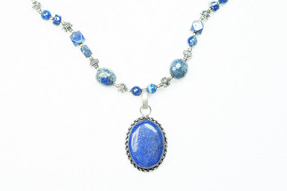 Bohemian Jewelry Lapiz Beads Pendent Necklace Artisan Crafted Beads