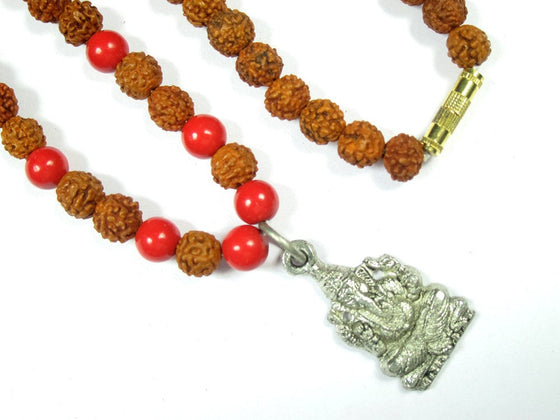 Ganesha Prayer Mala Beads Coral Rudraksha Yoga Meditation Happiness