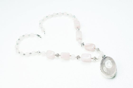 Boho Rose Quartz Artisan Statement Pendent Necklace Twisted Beads