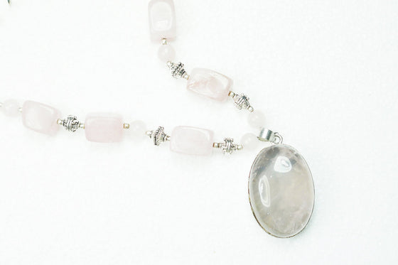 Boho Rose Quartz Artisan Statement Pendent Necklace Twisted Beads