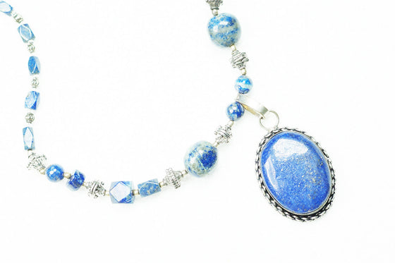 Bohemian Jewelry Lapiz Beads Pendent Necklace Artisan Crafted Beads
