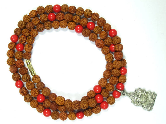 Handmade Prayer Mala Ganesha Beads Coral Rudraksha Yoga Meditation Mala