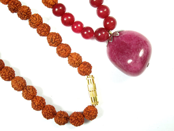 Meditation Mala with Stone Pendant Pink Jade Rudraksha Prayer Mala