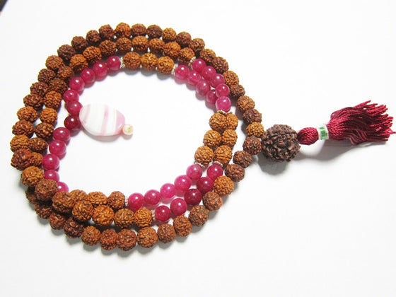 Pink Jade Bead Necklace Handmade Rudraksha Prayer Meditation Mala