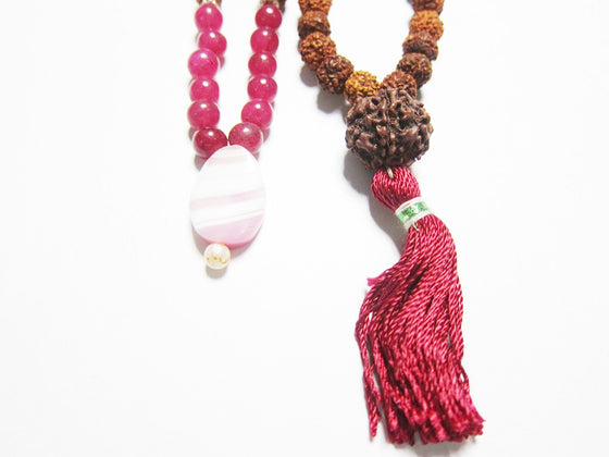 Pink Jade Bead Necklace Handmade Rudraksha Prayer Meditation Mala