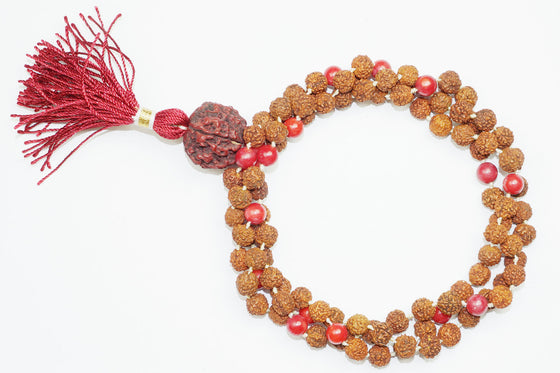 Vedic Yoga Mala Buddhist Knotted 108 Coral Rudraksha Japamala