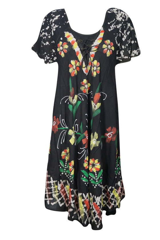 Boho Beach Muumuu, Summer Dresses, Floral Travel Day Dress Black ML