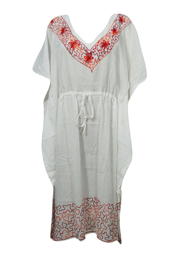 Kaftan Maxidress, pURE cOTTON gAUZE, Bohemian White Red S/M/L