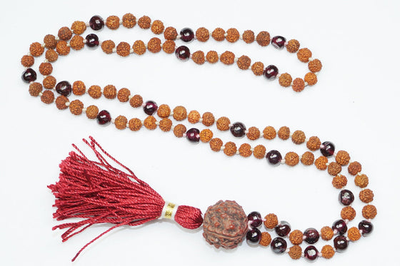Mindful Mals Beads, Garnet Ambition,Shiva Rudraksha, Grounding Hand Knotted