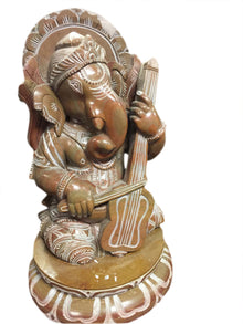  Ganesha Stone Statue Playing Violin Seated on Lotus Base