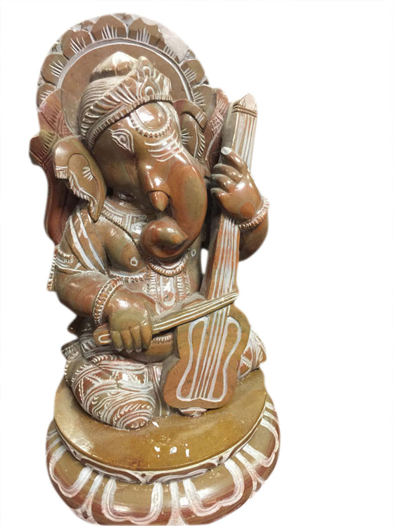 Ganesha Stone Statue Hand Carved Playing Violin Seated on Lotus Base Ganesha Statue