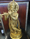 Brass Krishna Statue Hand Carved Standing Krishna Playing the Flute Figurine