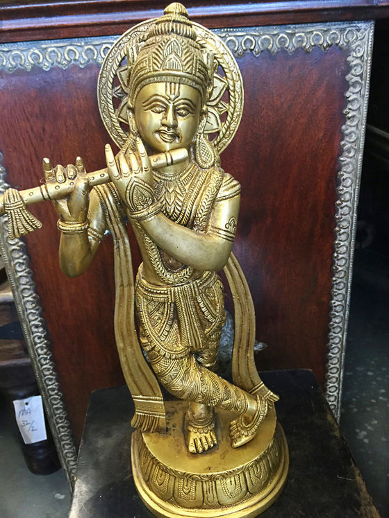 Brass Krishna Statue Hand Carved Standing Krishna Playing the Flute Figurine