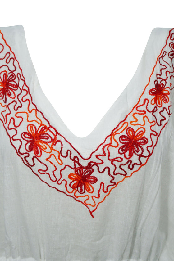 Kaftan Maxidress, pURE cOTTON gAUZE, Bohemian White Red S/M/L